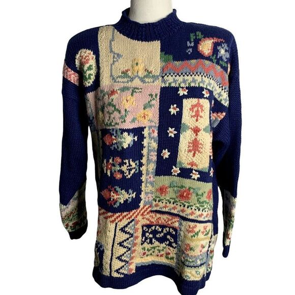 Vintage Embroidered Cable Knit Sweater S Blue Floral High Neck Granny Core - Picture 2 of 6